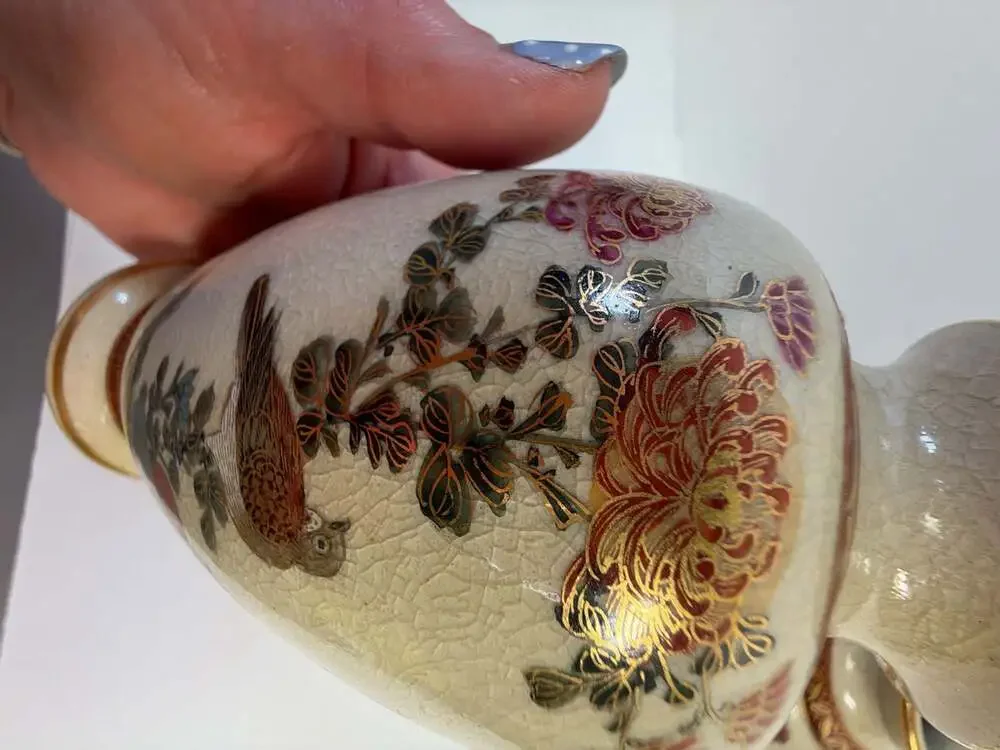 Vintage Japanese Satsuma Style Crackle Glaze Floral Bird Vases Set of 2